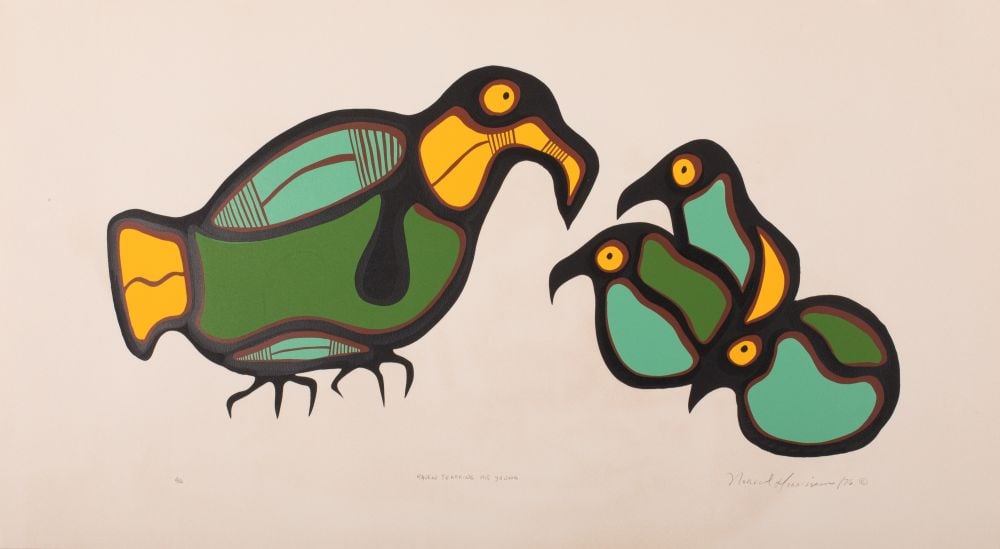 NORVAL MORRISSEAU, FIRST NATIONS, Raven Teaching His Young, 1976: NORVAL MORRISSEAU, C.M. (1931-2007) ANISHINAABE (OJIBWE) Raven Teaching His Young, 1976 serigraph, 19.75 x 35.25 in (50.2 x 89.5 cm) 41/41 Provenance Private Collection, Toronto. Boasting many of