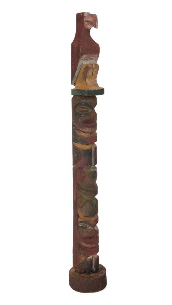 UNIDENTIFIED SALISH ARTIST, Model Totem Pole, c. 1920: UNIDENTIFIED SALISH ARTIST Model Totem Pole, c. 1920 wood and pigment, 14.5 x 2.25 x 2 in (36.8 x 5.7 x 5.1 cm) unsigned. Provenance Private Collection, Seattle / Vancouver. This model pole rises fro