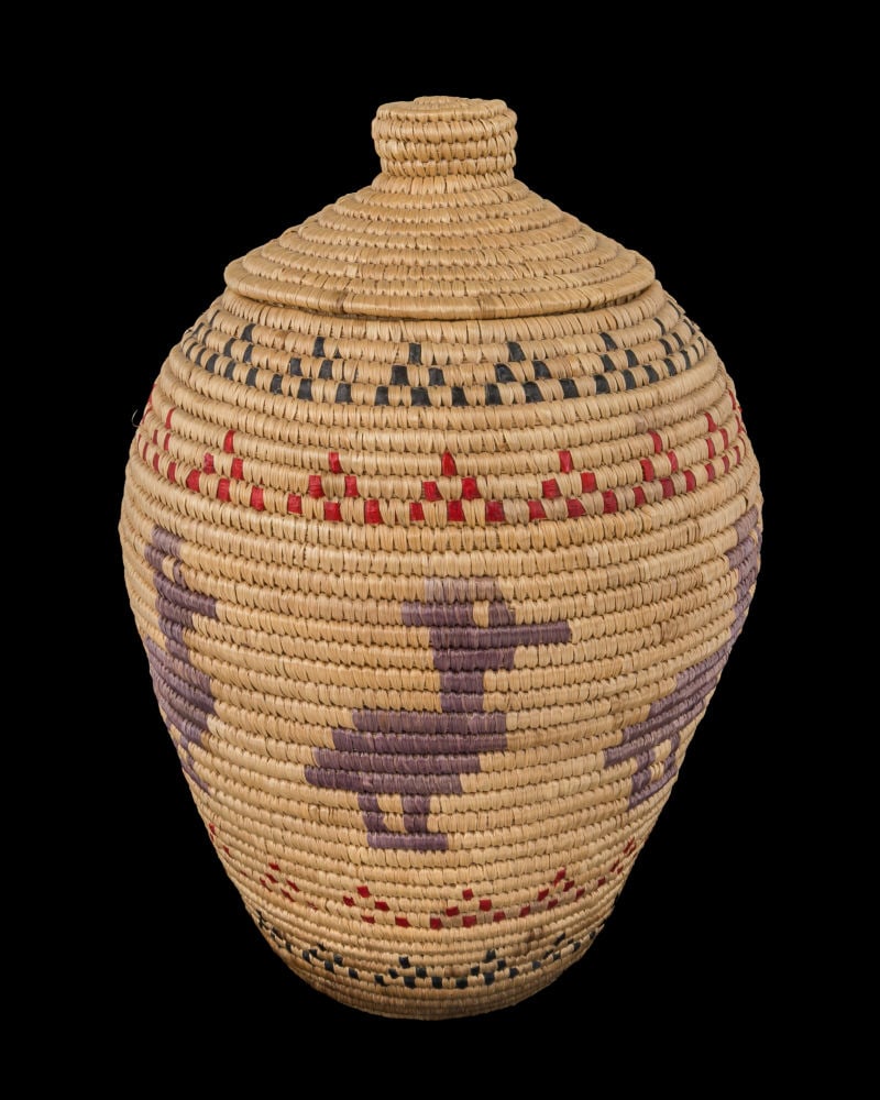 EMMA MARTHA, YUP’IK, Hooper Bay Basket with Ducks: EMMA MARTHA, YUP’IK ARTIST, HOOPER BAY, AK Hooper Bay Basket with Ducks wove grass, 9.5 x 6.25 x 6.25 in (24.1 x 15.9 x 15.9 cm) accompanied by the silver hand tag, as issued. Provenance Collection