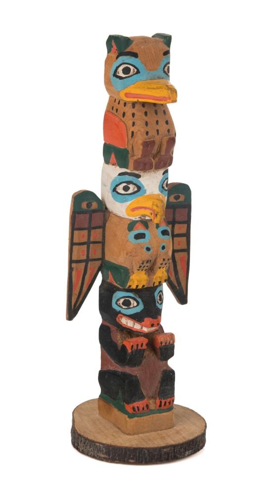 ELI TAIT, FIRST NATIONS, Model Kyan Totem of Ketchikan, Alaska, c. 1940: ELI TAIT (1872-1949) ALASKAN TSIMSHIAN, METLAKATLA, ALASKA Model Kyan Totem of Ketchikan, Alaska, c. 1940 cedar wood and acrylic paint, 7.25 x 2.25 x 2.5 in (18.4 x 5.7 x 6.3 cm), measurements reflect