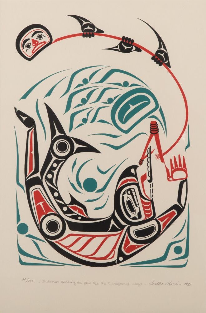 WALTER HARRIS, O.C., (1931-2009) GITXSAN (GITKSAN), Children Pulling the Jaw Off the Transformed Weg: WALTER HARRIS, O.C., (1931-2009) GITXSAN (GITKSAN) Children Pulling the Jaw Off the Transformed Weget, 1981 silkscreen, 17.25 x 11.5 in (43.8 x 29.2 cm), framed 50/100 Provenance Private Collection, O