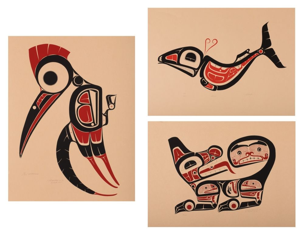 ART THOMPSON, FIRST NATIONS, Three Print: Whale, Wolf and Woodpecker, mid 1970s / 1974 / 1974: ART THOMPSON (1948-2003) NUU-CHAH-NULTH Three Print: Whale, Wolf and Woodpecker, mid 1970s / 1974 / 1974 each serigraph, each 17.5 x 23.25 in (44.5 x 59.1 cm) the first: 129/200; the second: 73/200; t