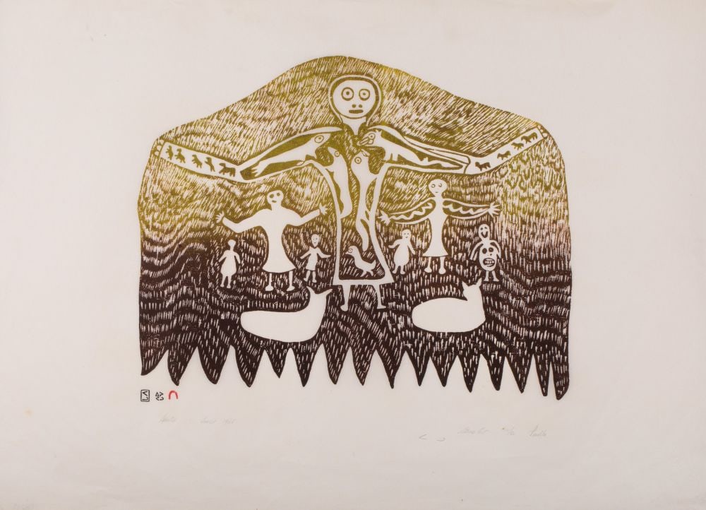 PUDLO PUDLAT, INUIT, Spirits, 1965 (1966 #36): PUDLO PUDLAT (1916-1992) KINNGAIT (CAPE DORSET) Spirits, 1965 (1966 #36) Printmaker: EEGYVUDLUK POOTOOGOOK (1931-1999) KINNGAIT (CAPE DORSET) stonecut, 28 x 34 in (71.1 x 86.4 cm) 12/50 Provenance Col