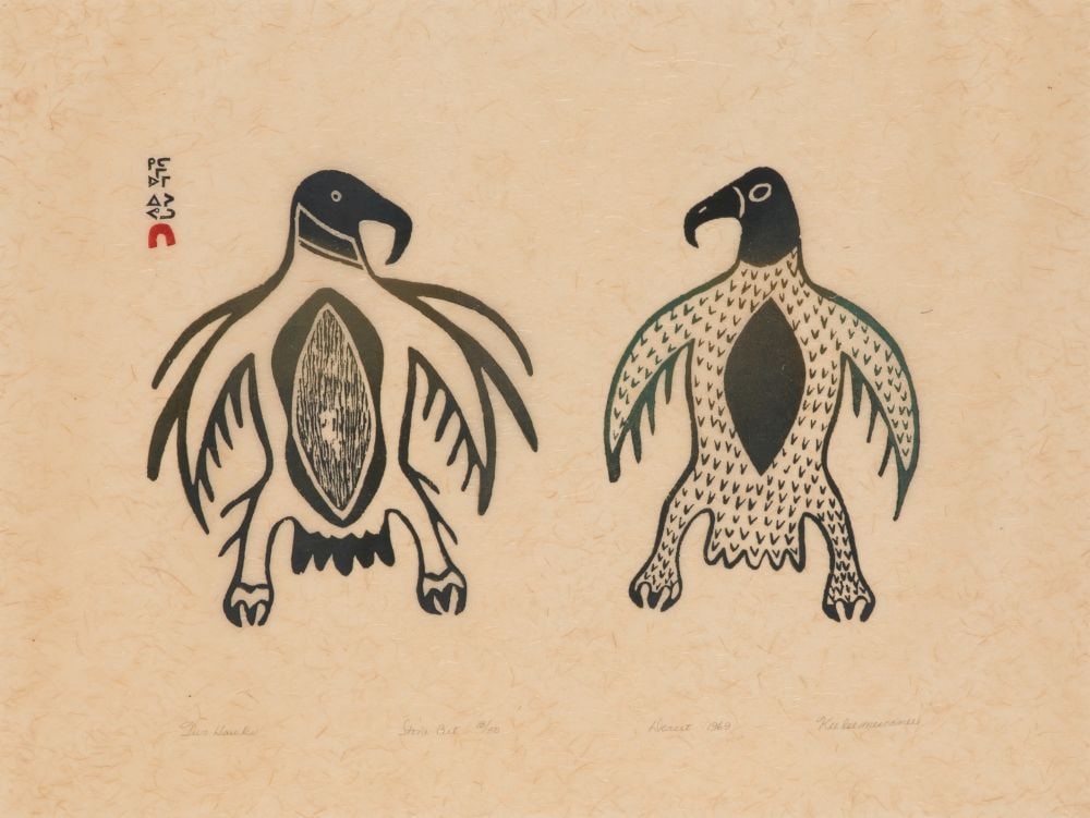 KEELEEMEEOOMEE SAMUALIE, INUIT, Two Hawks, 1969 #27: KEELEEMEEOOMEE SAMUALIE (1919-1983) KINNGAIT (CAPE DORSET) Two Hawks, 1969 #27 Printmaker: EEGYVUDLUK POOTOOGOOK (1931-1999) KINNGAIT (CAPE DORSET) stonecut, 16.5 x 22 in (41.9 x 55.9 cm), framed, sig
