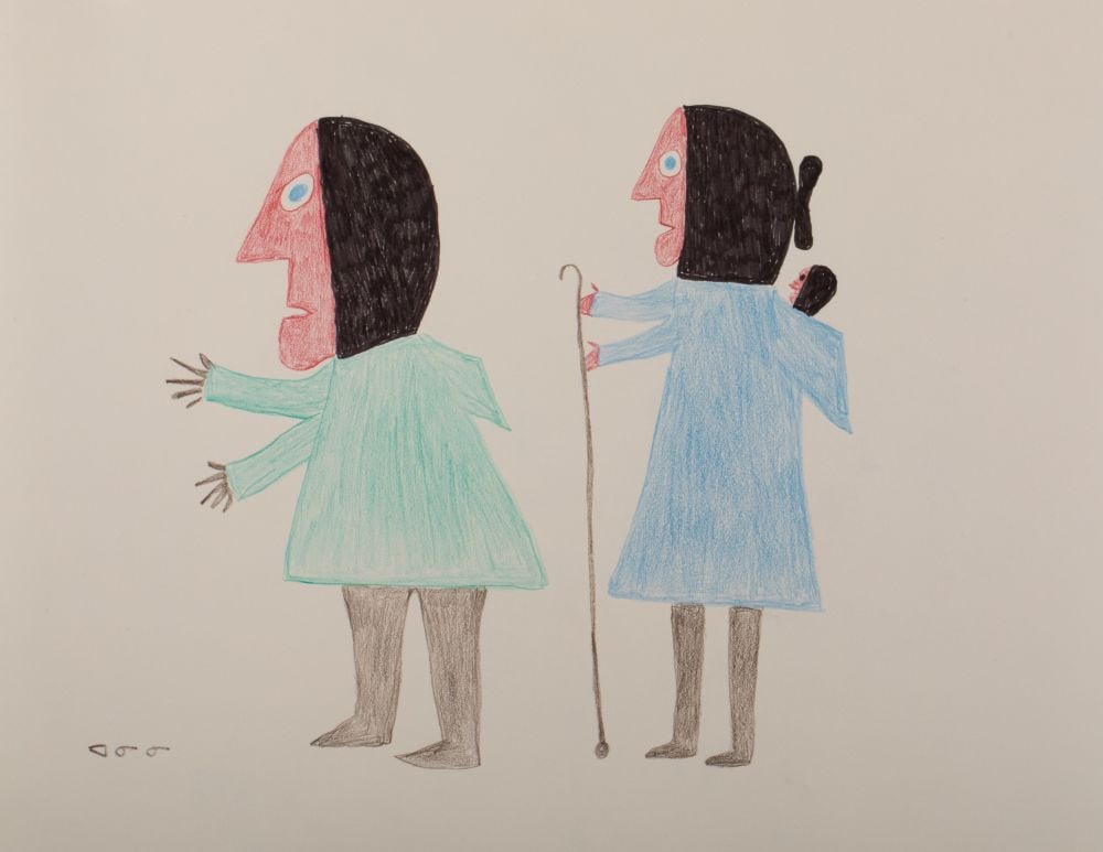 ANIRNIK OSHUITOQ, INUIT, Untitled Drawing (Family Group, Strolling Along), 1964-66: ANIRNIK OSHUITOQ (1902-1983) KINNGAIT (CAPE DORSET) Untitled Drawing (Family Group, Strolling Along), 1964-66 ink, graphite, and coloured pencil on paper, 16.5 x 20.75 in (41.9 x 52.7 cm) signed, "