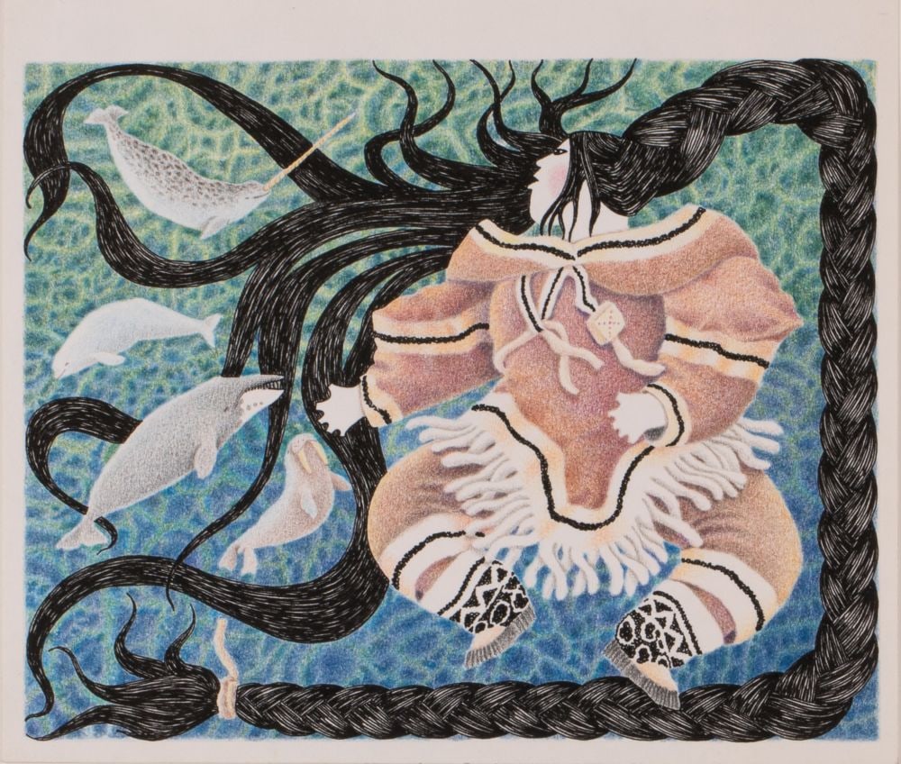GERMAINE ARNAKTAUYOK, INUIT, Sedna with Half-Plaited Hair, Ensnaring Sea Animals in Her Unbound Hair: GERMAINE ARNAKTAUYOK (1946-) Iglulik (Igloolik) Sedna with Half-Plaited Hair, Ensnaring Sea Animals in Her Unbound Hair, 2000s ink and coloured pencil on heavy wove paper, 9 x 10.5 in (22.9 x 26.7 cm)