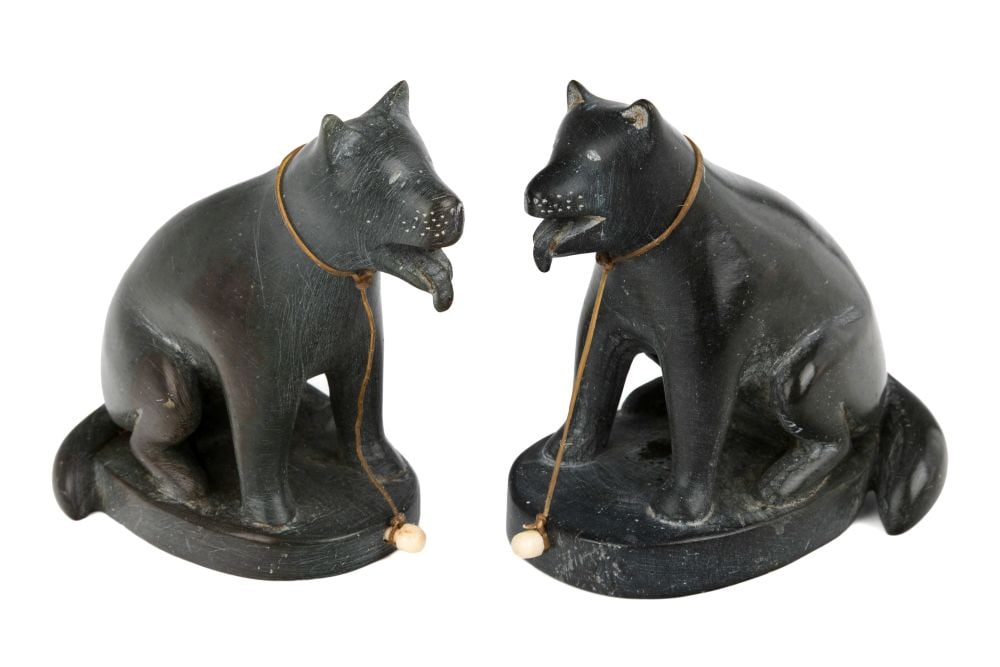 ABRAHAM NASTAPOKA, INUIT, Tethered Sled Dogs, Catching Their Breath, 1959: ABRAHAM NASTAPOKA (1900-1981) INUKJUAK (PORT HARRISON) Tethered Sled Dogs, Catching Their Breath, 1959 each stone, waxed string, and antler, 3 x 3 x 2 in (7.6 x 7.6 x 5.1 cm) unsigned; with affixed la