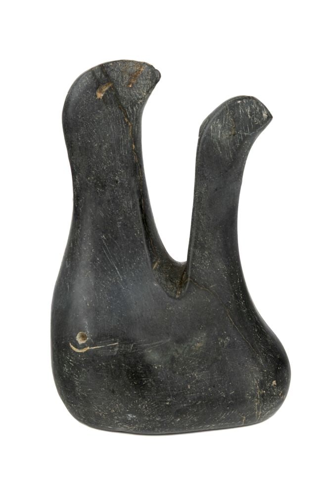 JOHNNY KASUDLUAK, INUIT, Head of a Bird / Bird and Hatchling, 1958: JOHNNY KASUDLUAK (1935-) KUUJJUARAAPIK (GREAT WHALE RIVER) Head of a Bird / Bird and Hatchling, 1958 stone, 5 x 3.25 x 2.25 in (12.7 x 8.3 x 5.7 cm) inscribed with artist's disc number, "E9_1669"; wit