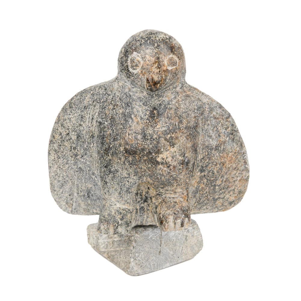 APOLLINA NOBVAK, INUIT, Perched Owl, 1961: APOLLINA NOBVAK (1906-1965) NAUJAAT (REPULSE BAY) Perched Owl, 1961 stone, 4.5 x 3.5 x 2.25 in (11.4 x 8.9 x 5.7 cm) unsigned; with affixed label from La Guilde (The Canadian Handicrafts Guild), in bl