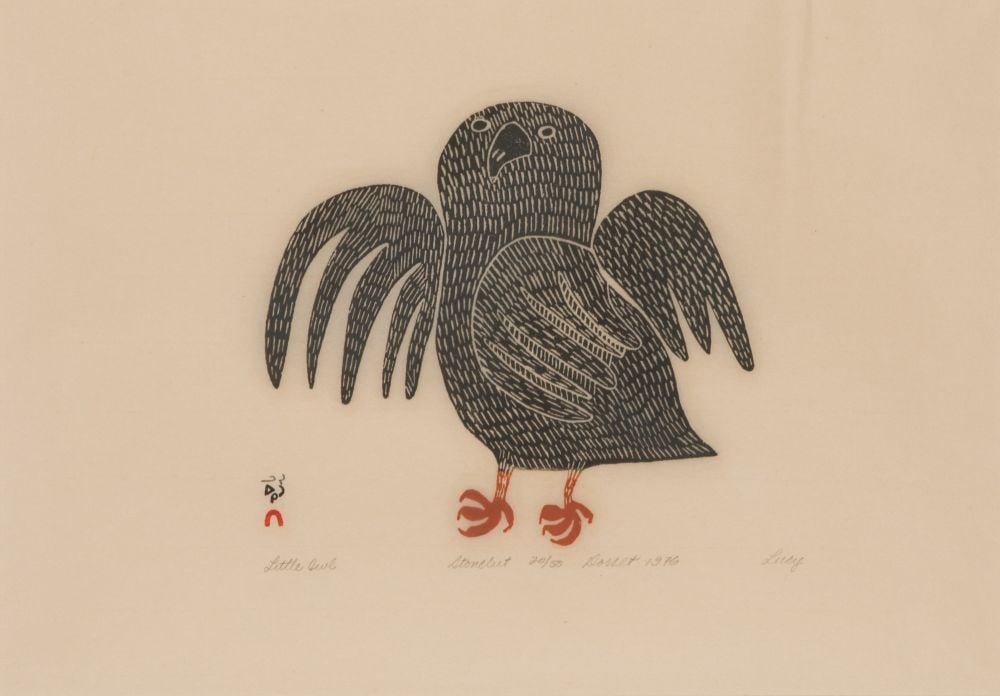 LUCY QINNUAYUAK, INUIT, Little Owl, 1976 #3: LUCY QINNUAYUAK (1915-1982) KINNGAIT (CAPE DORSET) Little Owl, 1976 #3 Printmaker: TIMOTHY OTTOCHIE (1904-1982) KINNGAIT (CAPE DORSET) stonecut, 16 x 22.5 in (40.6 x 57.1 cm), framed, sight. 20/50 Pro