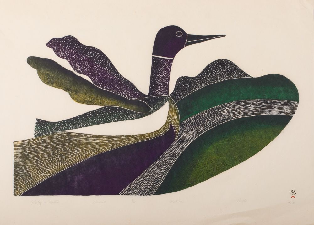 PUDLO PUDLAT, INUIT, Metiq on Mallik, 1983 #39: PUDLO PUDLAT (1916-1992) KINNGAIT (CAPE DORSET) Metiq on Mallik, 1983 #39 Printmaker: EEGYVUDLUK POOTOOGOOK (1931-1999) KINNGAIT (CAPE DORSET) stonecut, 24.5 x 33.5 in (62.2 x 85.1 cm) 7/50 Provenance