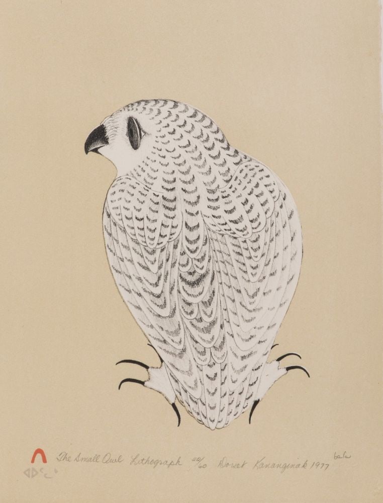KANANGINAK POOTOOGOOK, INUIT, The Small Owl, 1977 #L9: KANANGINAK POOTOOGOOK, R.C.A. (1935-2010) KINNGAIT (CAPE DORSET) The Small Owl, 1977 #L9 Printmaker: AOUDLA PUDLAT (1951-2006) KINNGAIT (CAPE DORSET) lithograph, 14 x 10.5 in (35.6 x 26.7 cm), framed 