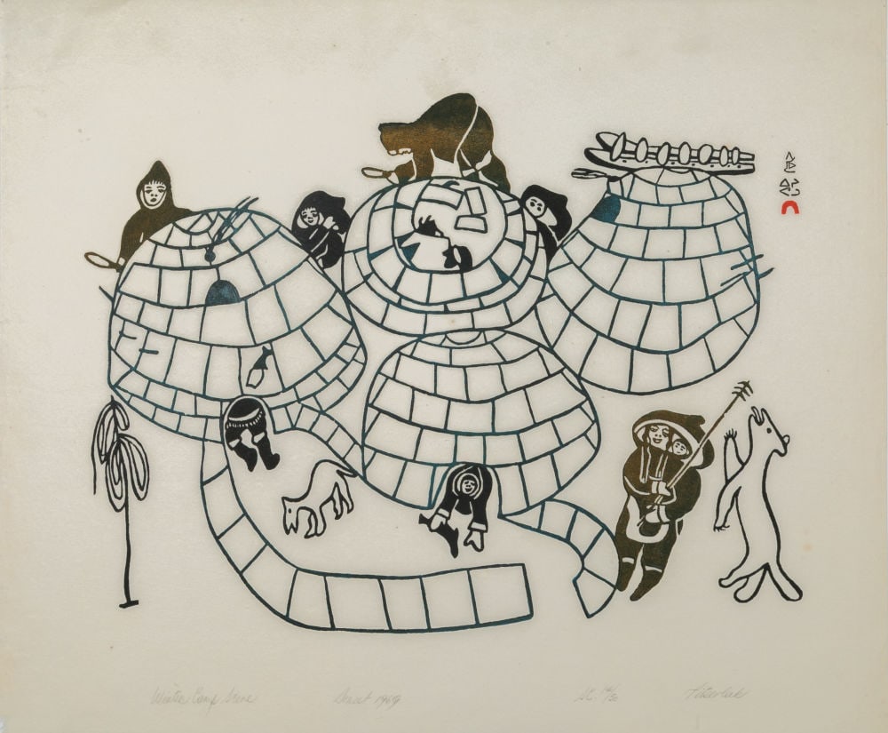 PITSEOLAK ASHOONA, INUIT, Winter Camp Scene, 1969 #2: PITSEOLAK ASHOONA, R.C.A., O.C., (1904-1983) KINNGAIT (CAPE DORSET) Winter Camp Scene, 1969 #2 Printmaker: EEGYVUDLUK POOTOOGOOK (1931-1999) KINNGAIT (CAPE DORSET) stonecut, 20 x 24 in (50.8 x 61 cm) 