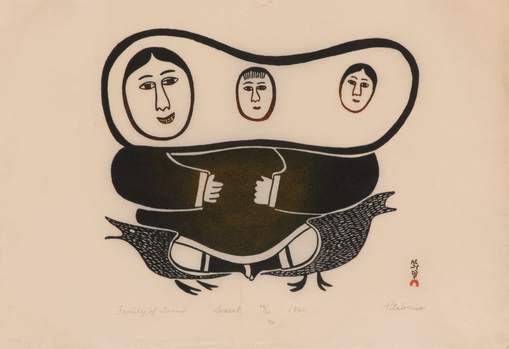 PITALOOSIE SAILA, INUIT,, Family of Twins, 1971 #32: PITALOOSIE SAILA, R.C.A. (1942-2021) KINNGAIT (CAPE DORSET) Family of Twins, 1971 #32 Printmaker: TIMOTHY OTTOCHIE (1904-1982) KINNGAIT (CAPE DORSET) stonecut, 16.75 x 24.5 in (42.5 x 62.2 cm) 46/50 P