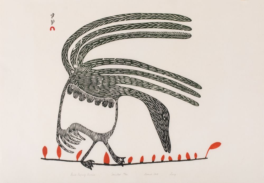 LUCY QINNUAYUAK, INUIT, Bird Eating Berries, 1968 (1969 #37): LUCY QINNUAYUAK (1915-1982) KINNGAIT (CAPE DORSET) Bird Eating Berries, 1968 (1969 #37) Printmaker: TIMOTHY OTTOCHIE (1904-1982) KINNGAIT (CAPE DORSET) stonecut, 17 x 23.75 in (43.2 x 60.3 cm) 14/50 P