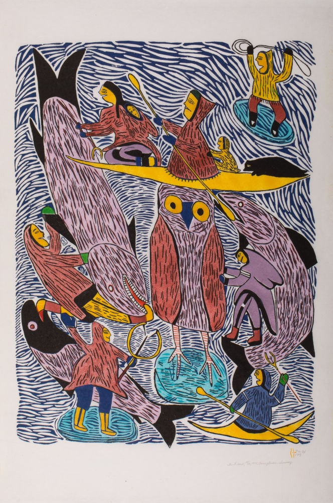 RUTH ANNAQTUUSI TULURIALIK, INUIT, The Flood, 1972 (1973 #12): RUTH ANNAQTUUSI TULURIALIK (1934-) QAMANI'TUAQ (BAKER LAKE) The Flood, 1972 (1973 #12) Printmaker: THOMAS SIVURAQ (1941-) QAMANI'TUAQ (BAKER LAKE) stonecut and stencil, 37.25 x 25.25 in (94.6 x 64.1 c