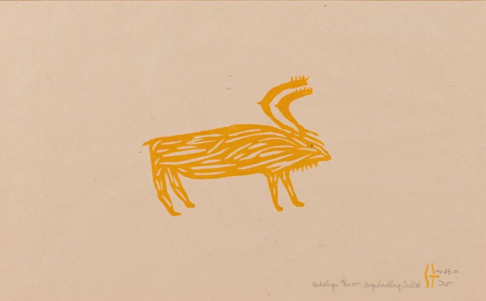 LUKE ANGUHADLUQ, INUIT, Nukatuqa, 1977 #7: LUKE ANGUHADLUQ (1895-1982) QAMANI’TUAQ (BAKER LAKE) Nukatuqa, 1977 #7 Printmaker: MARGARET TOODLIK AMAROOK (1942-) QAMANI'TUAQ (BAKER LAKE) stonecut, 8.75 x 14 in (22.2 x 35.6 cm), framed, sigh