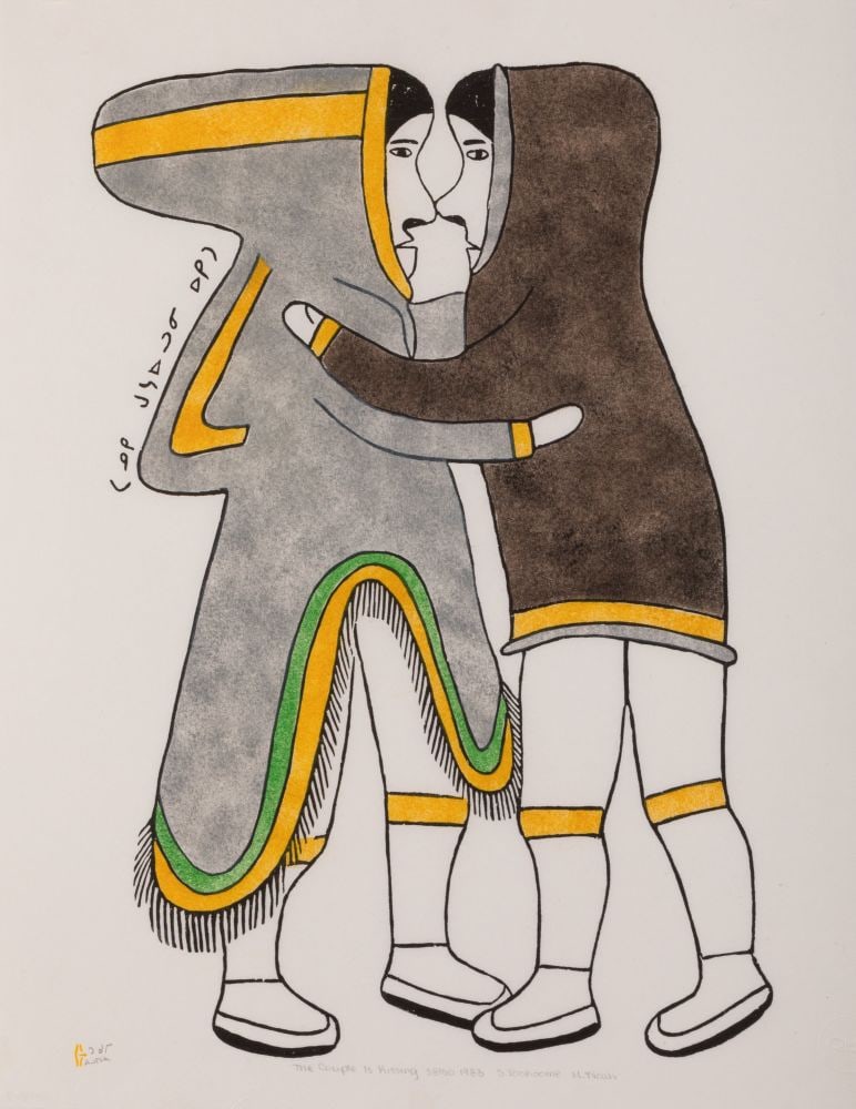 SIMON TOOKOOME, INUIT, The Couple is Kissing, 1983 (1983/84 #22): SIMON TOOKOOME (1934-2010) QAMANI’TUAQ (BAKER LAKE) The Couple is Kissing, 1983 (1983/84 #22) Printmaker: MARTHA NOAH (1943- ) QAMANI’TUAQ (BAKER LAKE) stonecut and stencil, 24 x 18.5 in (