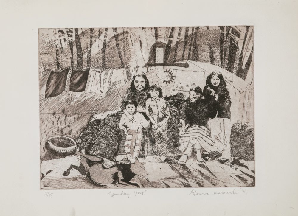 GLENNA MATOUSH, FIRST NATIONS, Sunday Visit, 1981: GLENNA MATOUSH (1946-) ANISHINAABE (OJIBWE) Sunday Visit, 1981 etching, plate: 9.25 x 12.25 in (23.5 x 31.1 cm) / sheet, sight: 12.5 x 17.25 in (31.8 x 43.8 cm) 17/35 Provenance Ex. Coll. Colin John G