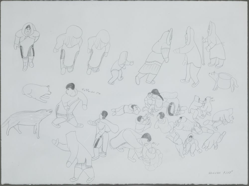 HANNAH KIGUSIUQ, INUIT, Untitled (Scenes of the Community), early-mid 1970s: HANNAH KIGUSIUQ (1931-) QAMANI’TUAQ (BAKER LAKE) Untitled (Scenes of the Community), early-mid 1970s graphite on heavy wove BFK Rives watermarked paper, 22.25 x 29.75 in (56.5 x 75.6 cm), framed