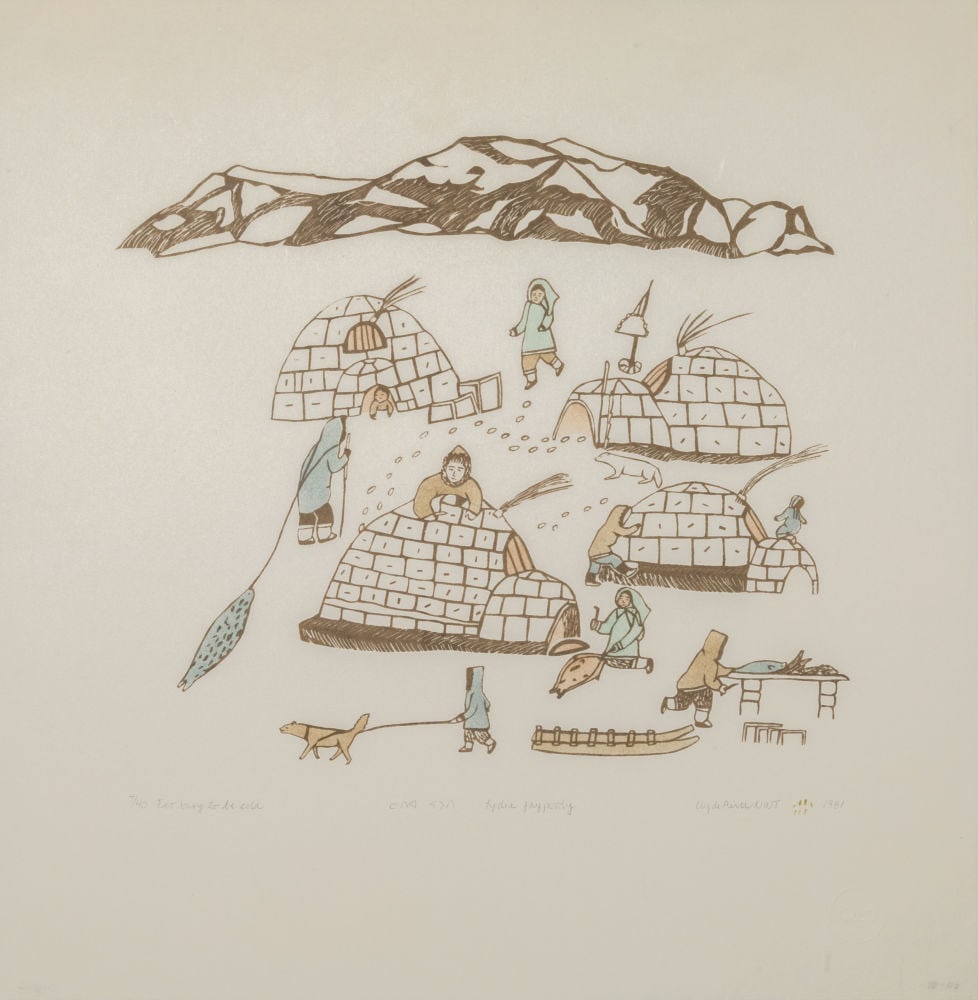 LYDIA JAYPOODY, INUIT, Too Busy To Be Cold, 1981 #20: LYDIA JAYPOODY (1926-1991) KANGIQTUGAAPIK (CLYDE RIVER) Too Busy To Be Cold, 1981 #20 Printmaker: Studio serigraph and stencil, 20 x 19.75 in (50.8 x 50.2 cm) 7/40 Provenance Ex. Coll. Colin John Gras