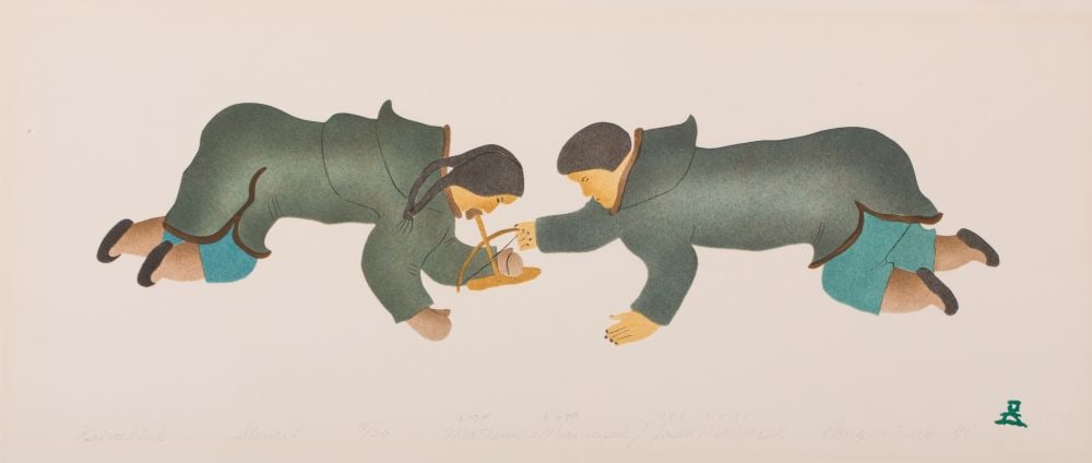 MATHEWSIE MANIAPIK (1950- ), INUIT, Kaivaktuk (Drilling Through Bone), 1984 #20: MATHEWSIE MANIAPIK (1950- ) PANGNIRTUNG (PANNIRTUQ) Kaivaktuk (Drilling Through Bone), 1984 #20 Printmaker: JOSEA MANIAPIK (1941- ) PANGNIRTUNG (PANNIRTUQ) stencil, 9.75 x 22.25 in (24.8 x 56.5 cm) 10