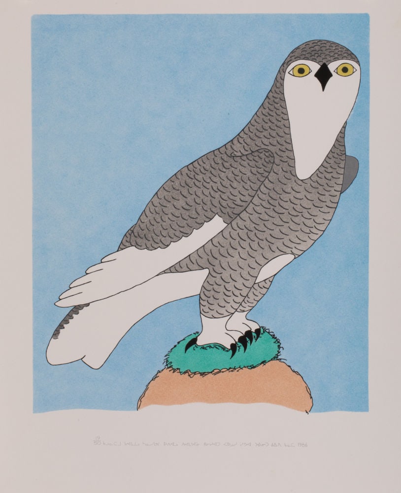 PAULOSIE SIVUAK, INUIT, An Owl Carefully Searching for What It Wants, 1986 (1987 #26): PAULOSIE SIVUAK (1930-1986) PUVIRNITUQ (POVUNGNITUK) An Owl Carefully Searching for What It Wants, 1986 (1987 #26) Printmaker: ELIASSIE AUPALUK (1949-) PUVIRNITUQ (POVUNGNITUK) serigraph and stencil, 