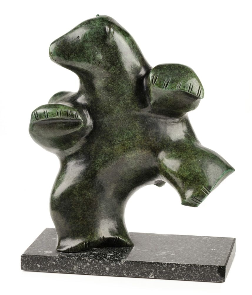 PAUTA SAILA, R.C.A., INUIT, Dancing Bear on Base, 1988: PAUTA SAILA, R.C.A. (1916-2009) KINNGAIT (CAPE DORSET) Dancing Bear on Base, 1988 patinated bronze mounted on a stone base, 11.75 x 9.5 x 5 in (29.8 x 24.1 x 12.7 cm) inscribed with artist's signature