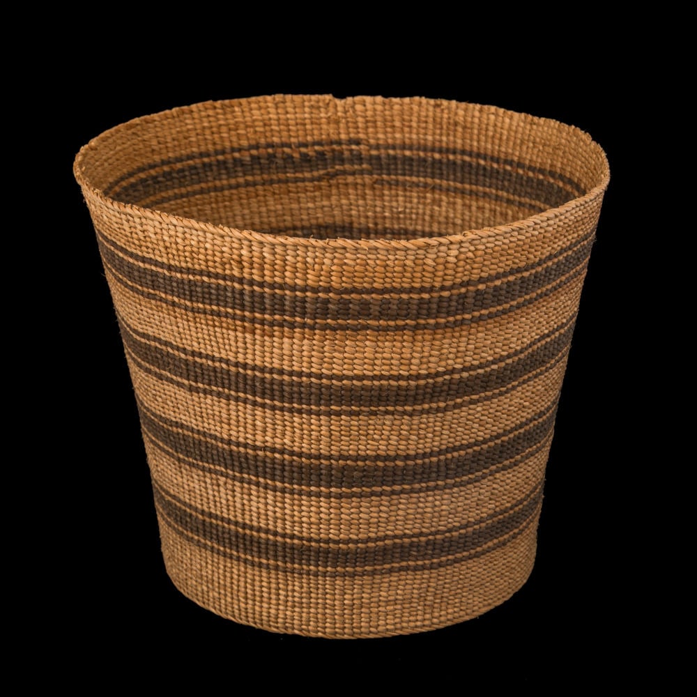 ISABEL RORICK, FIRST NATIONS, Tapered Berry Basket, c. 1990s: ISABEL RORICK (1955-) HAIDA, OLD MASSET, HAIDA GWAII Tapered Berry Basket, c. 1990s wove spruce root and iron oxide dye, 3.75 x 4.5 x 4.5 in (9.5 x 11.4 x 11.4 cm) with artist's signature three skip s