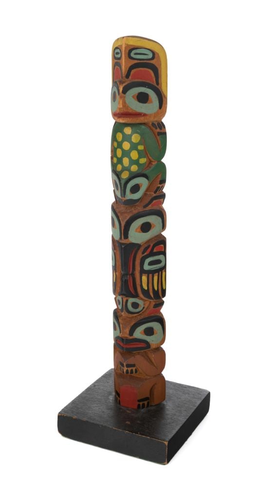 LINCOLN WALLACE, TLINGIT, Raven Totem (Kiks.ádi) Model Pole, 1944: LINCOLN WALLACE (1919-1981), TLINGIT, SITKA, AK Raven Totem (Kiks.ádi) Model Pole, 1944 wood and acrylic paint, 13 x 4 x 4 in (33 x 10.2 x 10.2 cm), measurements reflect dimensions with base, wit