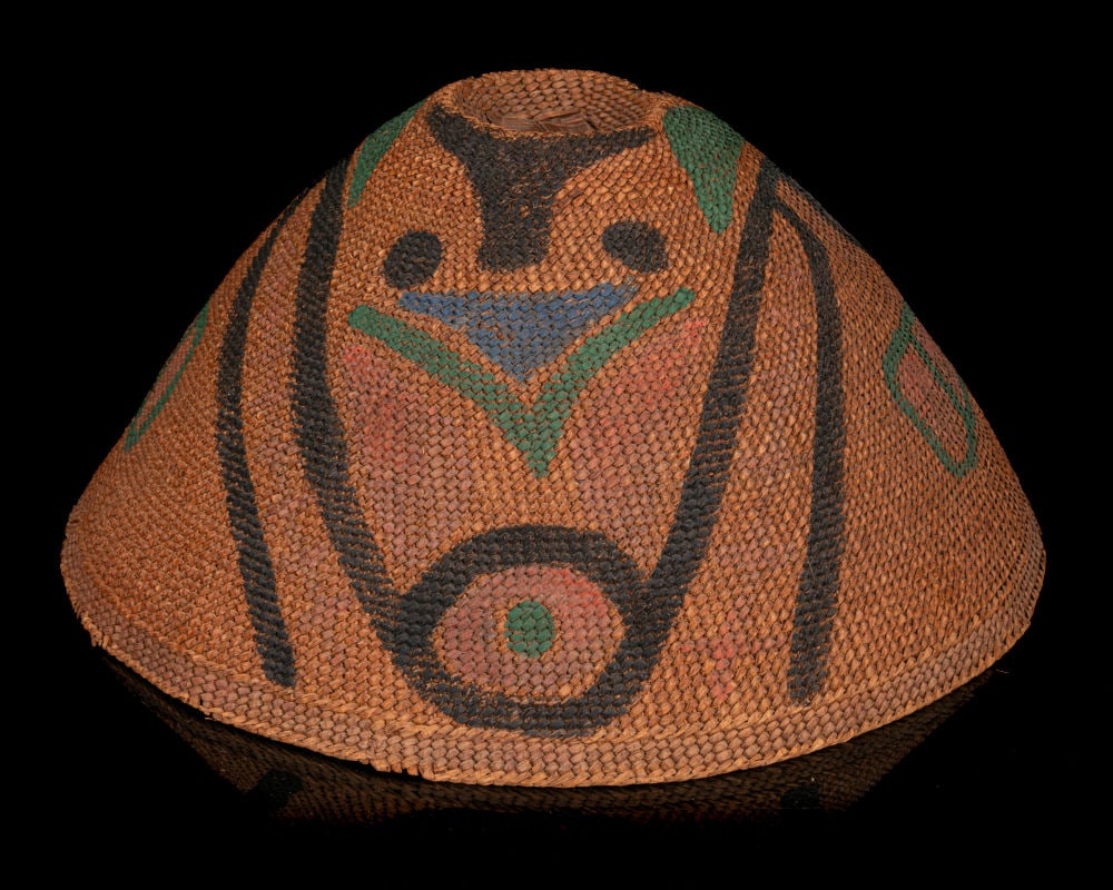UNIDENTIFIED NUU-CHAH-NULTH or MAKAH ARTIST, Painted Rain Hat with Bubble Feeding Baleen Humpback Wh: UNIDENTIFIED NUU-CHAH-NULTH or MAKAH ARTIST Painted Rain Hat with Bubble Feeding Baleen Humpback Whale Design, c. 1920s or 1930s cedar bark and spruce root , 5.5 x 13 x 13 in (14 x 33 x 33 cm) unsigne