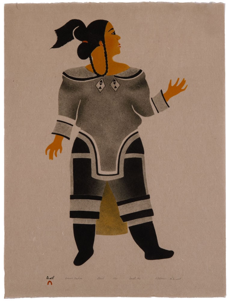 PITALOOSIE SAILA, INUIT, Summer Fashion, 1992 #26: PITALOOSIE SAILA, R.C.A. (1942-2021) KINNGAIT (CAPE DORSET) Summer Fashion, 1992 #26 Printmaker: ENOOSIQ OTTOKIE (1953-) KINNGAIT (CAPE DORSET) stencil on cream coloured paper, 25 x 18.75 in (63.5 x 4