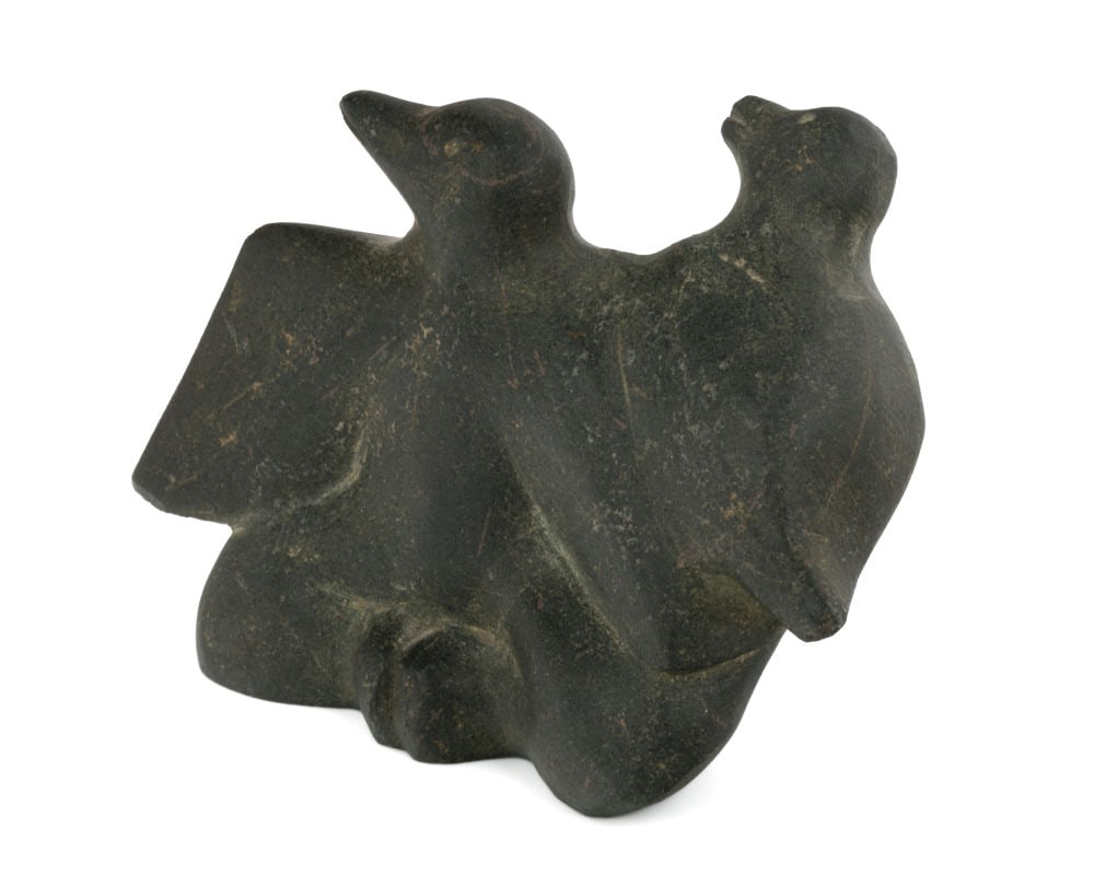 ADA EYETOAQ, INUIT, Bird Shaman and Familiar, 1984: ADA EYETOAQ (1934-2014) QAMANI'TUAQ (BAKER LAKE) Bird Shaman and Familiar, 1984 stone, 2.75 x 4 x 1.75 in (7 x 10.2 x 4.4 cm) dated, "ᓱᑎᐱᐅᓕ [September?] / 19 1984"; signe