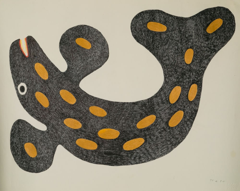 MEELIA KELLY, INUIT, Playful Spotted Whale, early 2000s: MEELIA KELLY (1940-2006) KINNGAIT (CAPE DORSET) Playful Spotted Whale, early 2000s coloured pencil and felt pen on paper, 20 x 26 in (50.8 x 66 cm) signed, "ᒥᓕᐊ ᑭᓕ". Prov