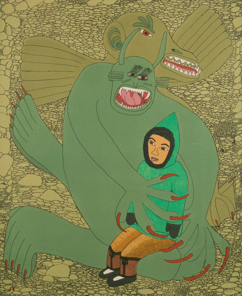 SHUVINAI ASHOONA, INUIT, Scary Dream, 2006 #2: SHUVINAI ASHOONA (1961-) KINNGAIT (CAPE DORSET) Scary Dream, 2006 #2 Printmaker: NIVIAKSIE QUVIANAQTULIAQ (1970-) KINNGAIT (CAPE DORSET) lithograph, 27 x 22.25 in (68.6 x 56.5 cm) , framed, sight. 2/5