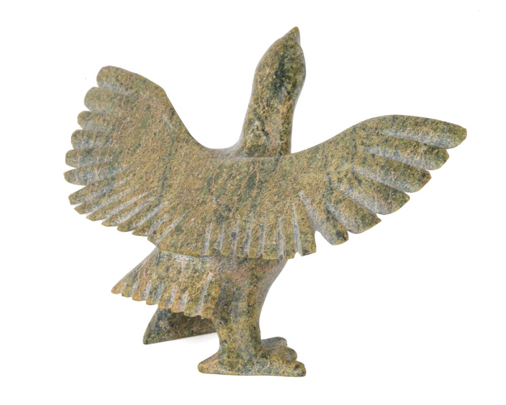 NAPACHIE SHARKY, INUIT, Startled Bird, 1990s: NAPACHIE SHARKY (1971-2018) KINNGAIT (CAPE DORSET) Startled Bird, 1990s stone, 2.5 x 4 x 2.75 in (6.3 x 10.2 x 7 cm) signed, "ᓇᐸᓯ / ᓴᑭ". Provenance A Toronto Collection.