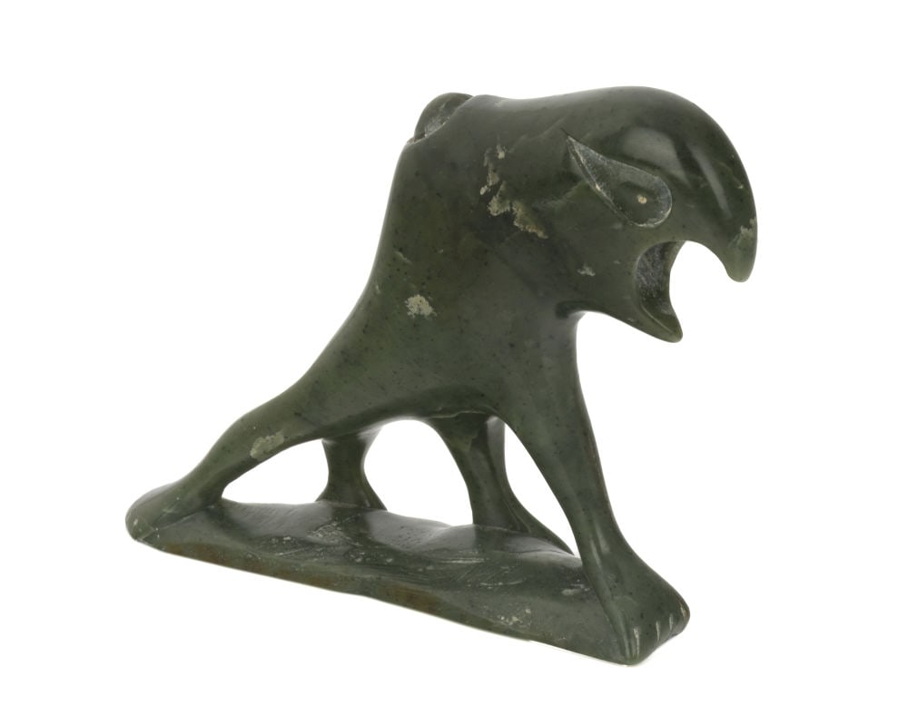 JOBIE OHAITUK, INUIT, Fantastical Creature, Squawking , 1983: JOBIE OHAITUK (1946-) INUKJUAK (PORT HARRISON) Fantastical Creature, Squawking , 1983 stone, 3.75 x 4.5 x 1.25 in (9.5 x 11.4 x 3.2 cm) dated, inscribed (titled?), "83 / ᑯᐱᕈ ᐃ[