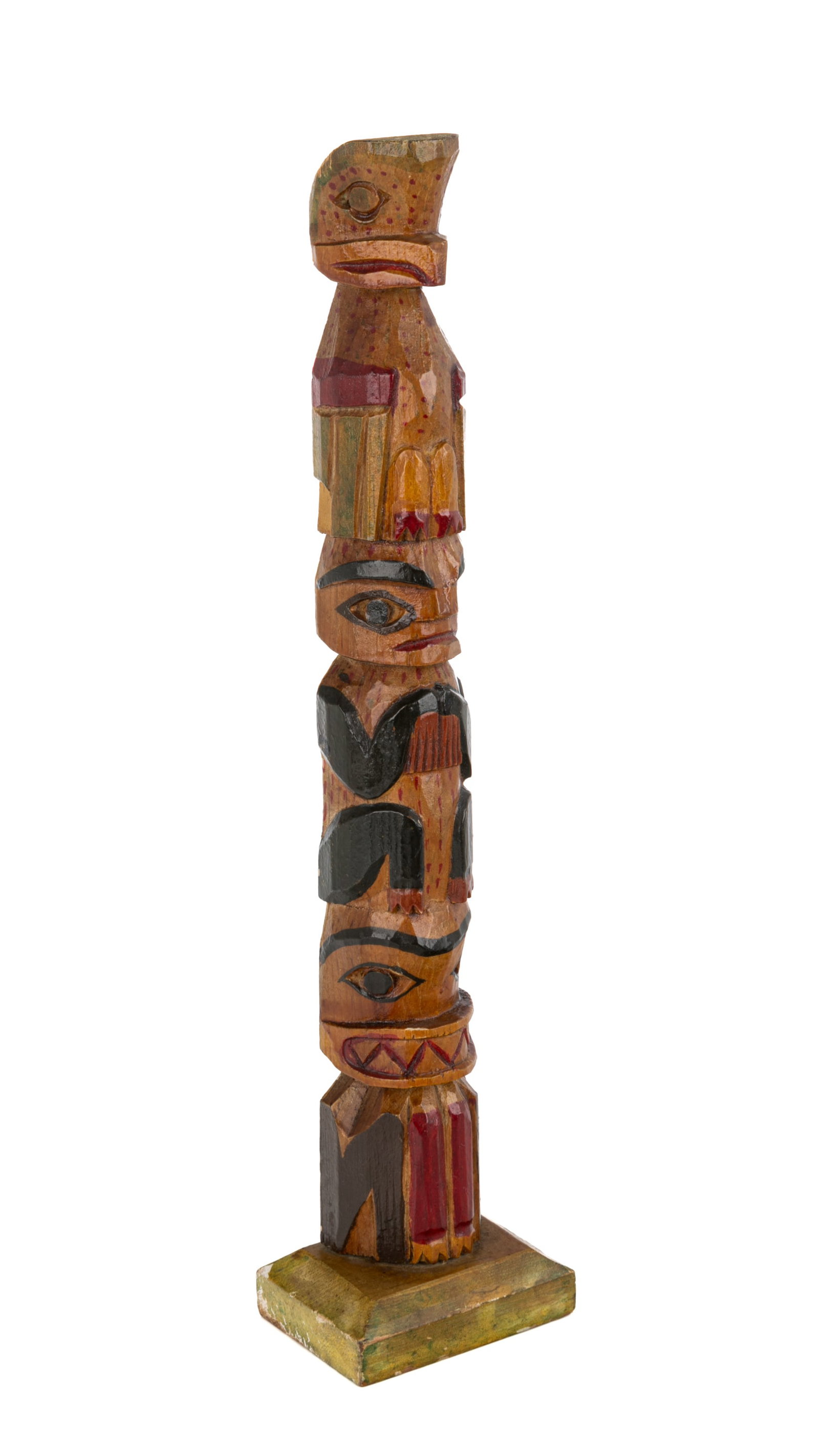 JACOB LOUIE, FIRST NATIONS, NUU-CHAH-NULTH (MOWACHAHT/MUCHALAHT), Model Totem Pole, c. 1920s or 1930: JACOB LOUIE (1903-1969) NUU-CHAH-NULTH (MOWACHAHT/MUCHALAHT) Model Totem Pole, c. 1920s or 1930s wood and paint, 13 x 3 x 2 in (33 x 7.6 x 5.1 cm) unsigned. Provenance Private Collection, Vancouver, B
