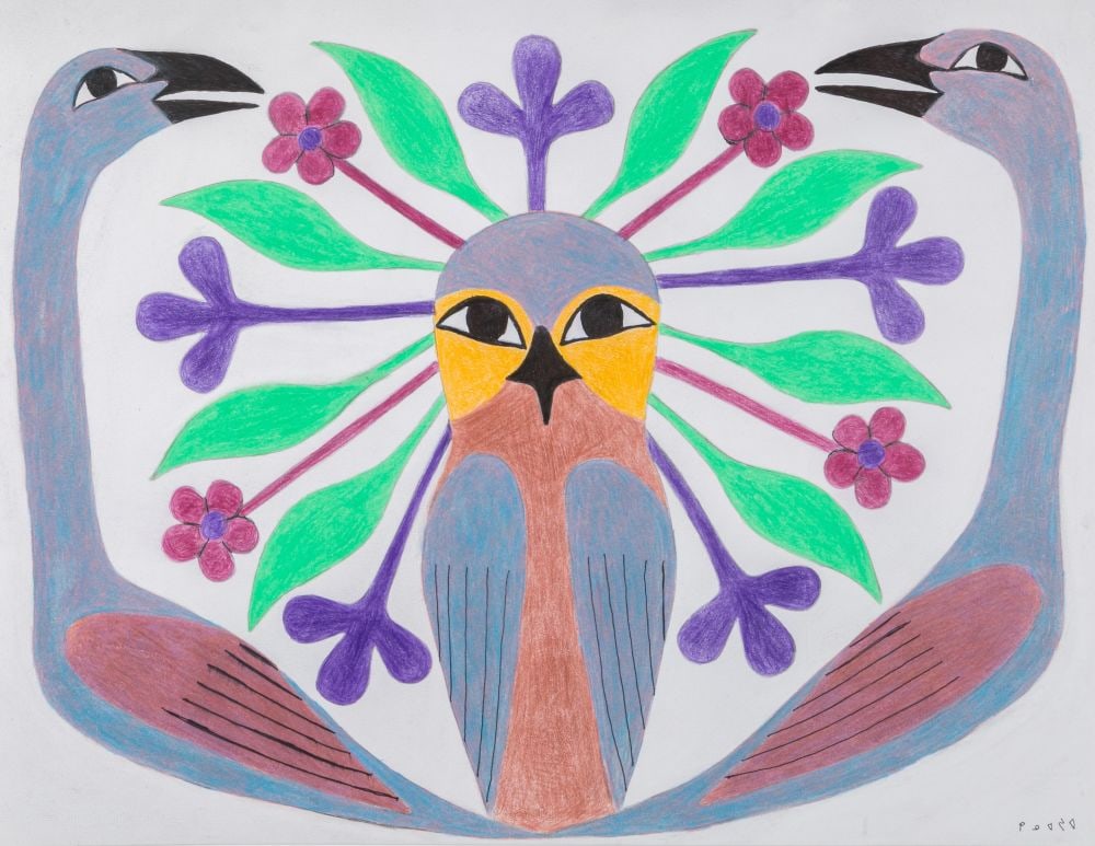 KENOJUAK ASHEVAK, C.C., R.C.A., INUIT, Untitled (Owl and Birds), 14 May 2010: KENOJUAK ASHEVAK, C.C., R.C.A. (1927-2013) KINNGAIT (CAPE DORSET) Untitled (Owl and Birds), 14 May 2010 coloured pencil over graphite on heavy wove Canson JA watermarked paper, 19.75 x 25.5 in (50.2 x