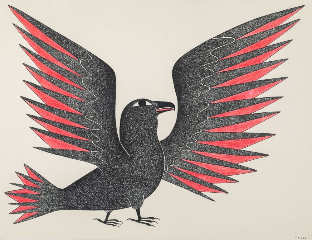 KENOJUAK ASHEVAK, C.C., R.C.A., INUIT, Untitled (Raven with Spread Wings), 2000-01: KENOJUAK ASHEVAK, C.C., R.C.A. (1927-2013) KINNGAIT (CAPE DORSET) Untitled (Raven with Spread Wings), 2000-01 coloured pencil and felt tip on Ragston SN watermarked wove paper, 20 x 26 in (50.8 x 66 c