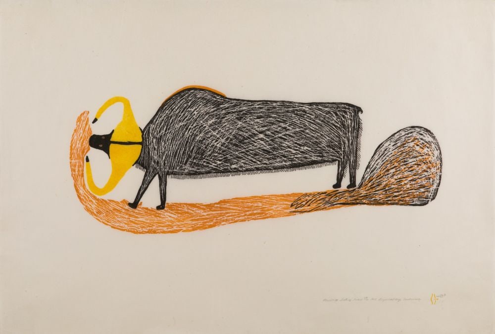 LUKE ANGUHADLUQ, INUIT, Musk-Ox Eating Grass, 1973 (1974 #16) (1 of 2)