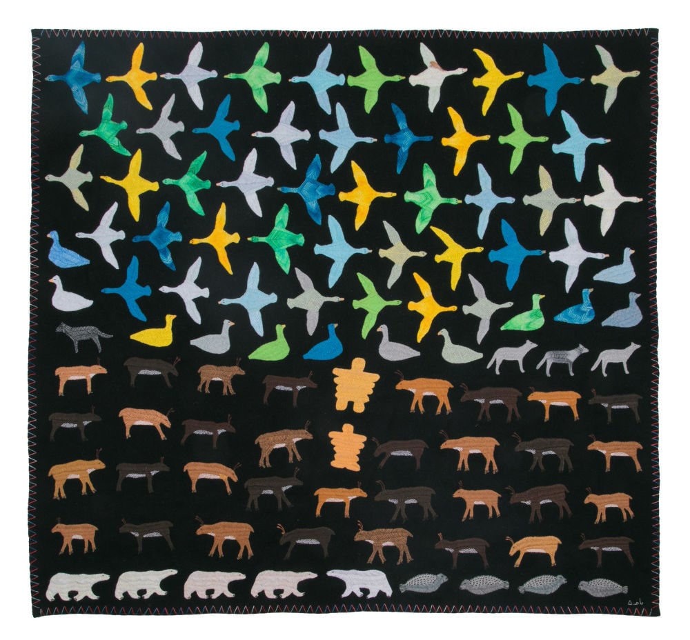 GLORIA INUGAQ PUTUMIRAQTUQ, INUIT, Untitled Work on Cloth (Scores of Birds Taking Flight, Ptarmigan, (1 of 2)