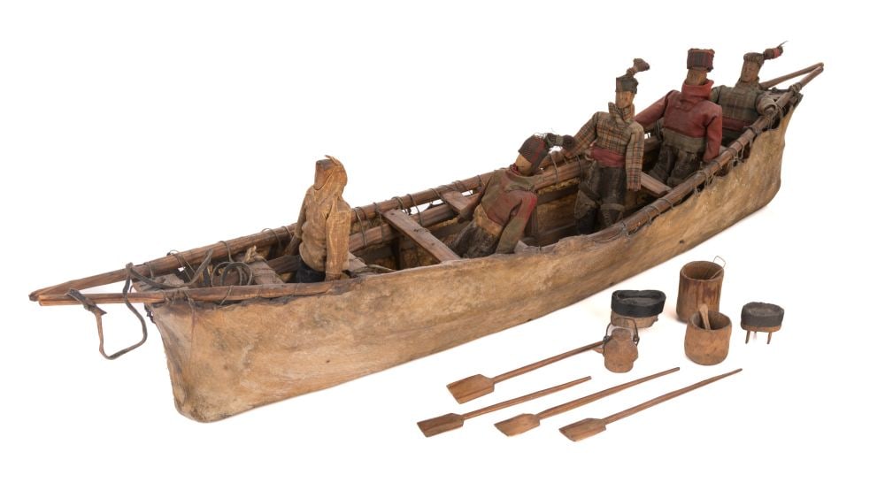 UNIDENTIFIED KALAALLIT (GREENLANDIC) ARTIST, Model Umiak Laden with Cargo and Figures, c. 1860 (1 of 6)