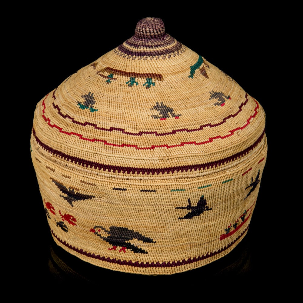 UNIDENTIFIED NUU-CHAH-NULTH ARTIST, Lidded Pictorial Basket with Avian Forms and Whaling Scenes, c. (1 of 6)