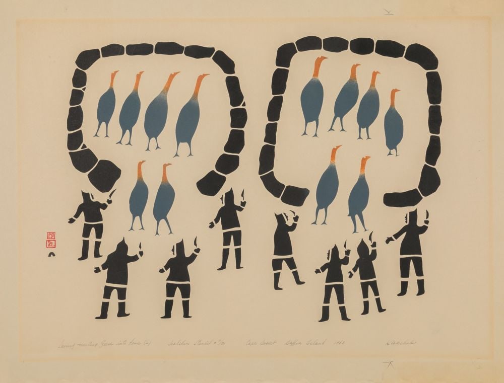 KIAKSHUK, INUIT, Driving Moulting Geese into Stone Pens (2), 1960 (Dorset Series) (1 of 1)