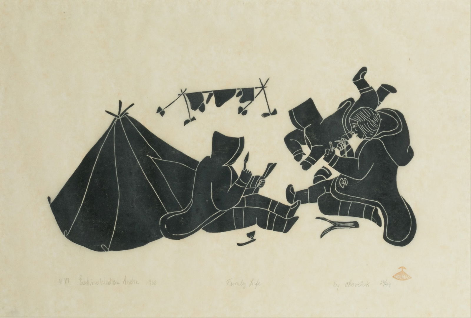 MONA OHOVELUK KUNEYUNA, INUIT, Family Life, 1967 (1968 #17): MONA OHOVELUK KUNEYUNA (1935-1992) ULUKHAKTOK (HOLMAN) Family Life, 1967 (1968 #17) Printmaker: PATRICK AKOVAK (1944-1976) ULUKHAKTOK (HOLMAN) stonecut, 15.75 x 23.25 in (40 x 59.1 cm), framed, sight.