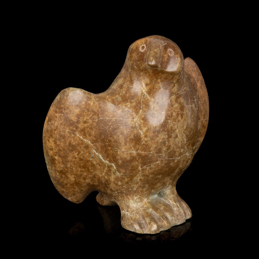 MIKIGAK KINGWATSIAK, INUIT, Bright-Eyed, Perched Owl, mid-late 1960s: MIKIGAK KINGWATSIAK (1943-2002) KINNGAIT (CAPE DORSET) Bright-Eyed, Perched Owl, mid-late 1960s stone, 4.75 x 5 x 3.25 in (12.1 x 12.7 x 8.3 cm) inscribed with artist's disc number, signed, and signed