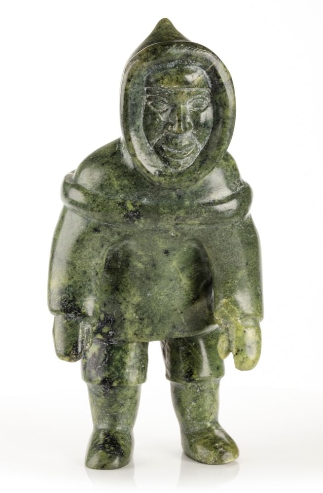 QAUNAQ (HAUNAK) MIKKIGAK, INUIT, Man with Pack, c. 1970s: QAUNAQ (HAUNAK) MIKKIGAK (1932- 2020) KINNGAIT (CAPE DORSET) Man with Pack, c. 1970s stone, 8.25 x 3.75 x 4.25 in (21 x 9.5 x 10.8 cm) signed, "ᑲᐅᓇ". ESTIMATE: $1,000 — $1,500 Prov