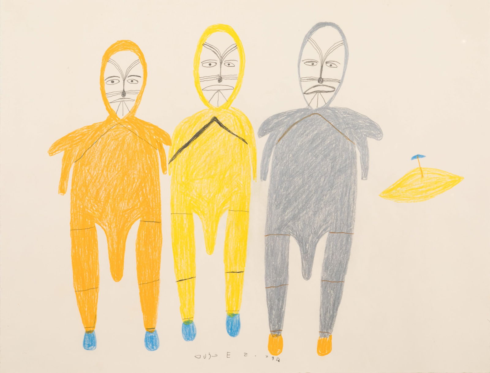 LUKE ANGUHADLUQ, INUIT, Composition with Three Women and an Ulu, c. mid 1970s: LUKE ANGUHADLUQ (1895-1982) QAMANI’TUAQ (BAKER LAKE) Composition with Three Women and an Ulu, c. mid 1970s coloured pencil and graphite on paper, 20 x 26 in (50.8 x 66 cm), framed signed and inscrib