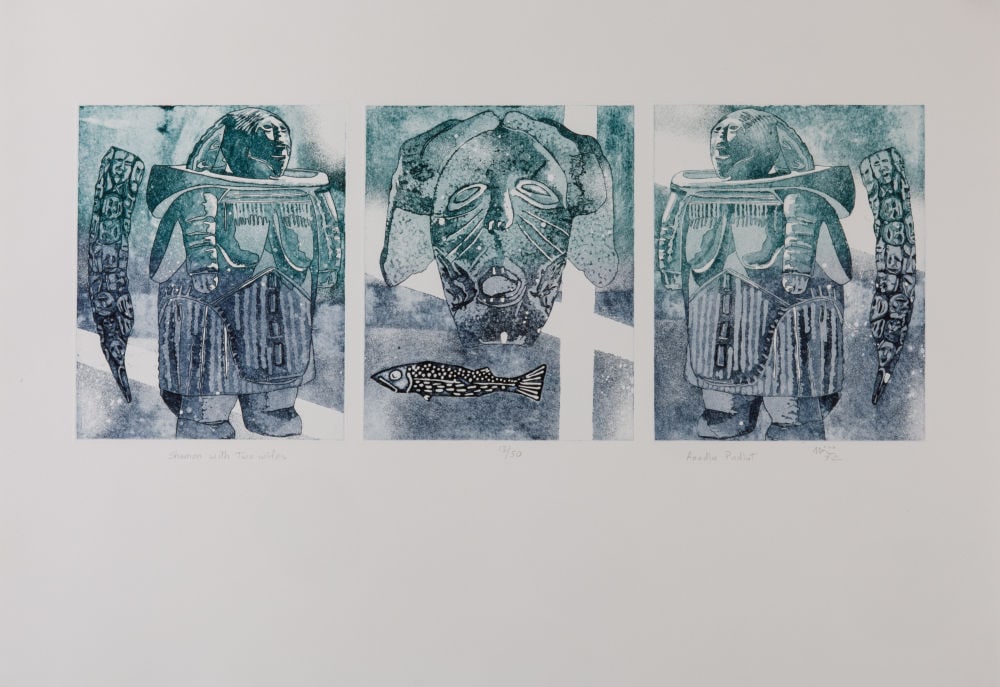 AOUDLA PUDLAT, INUIT, Shaman with Two Wives, 2007: AOUDLA PUDLAT (1951-2006) KINNGAIT (CAPE DORSET) Shaman with Two Wives, 2007 Printmaker: STUDIO etching and aquatint, sheet: 20.75 x 29.5 (52.7 x 74.9 cm) / each plate: 10 x 8 in (25.4 x 20.3 cm) 13/5